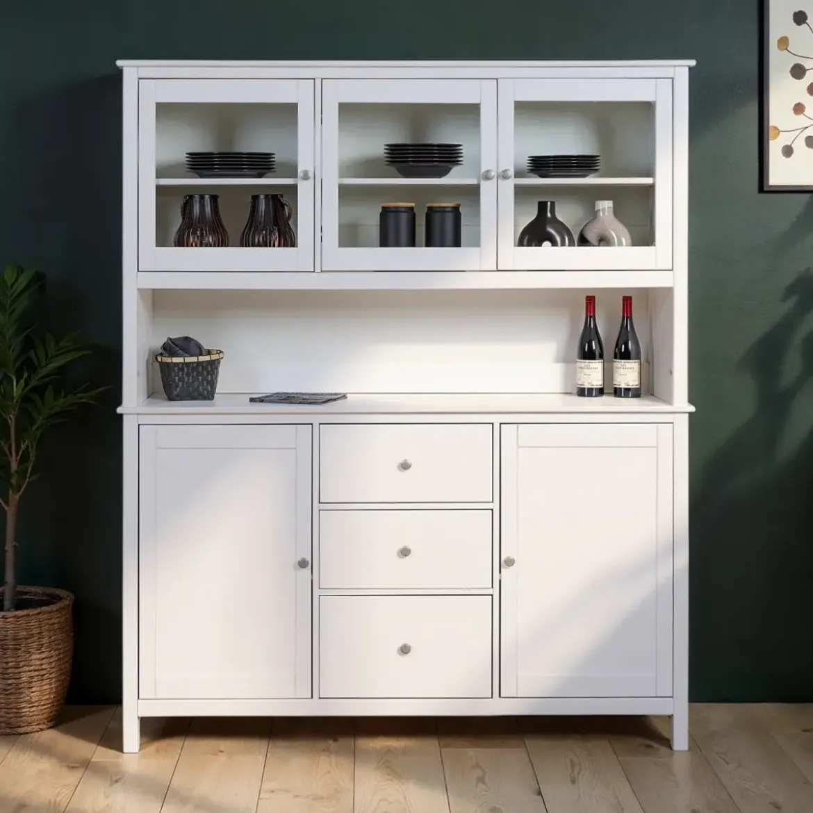Pensile Vetrina Soggiorno Bianco Laccato 3 Ante in Vetro Legno MDF