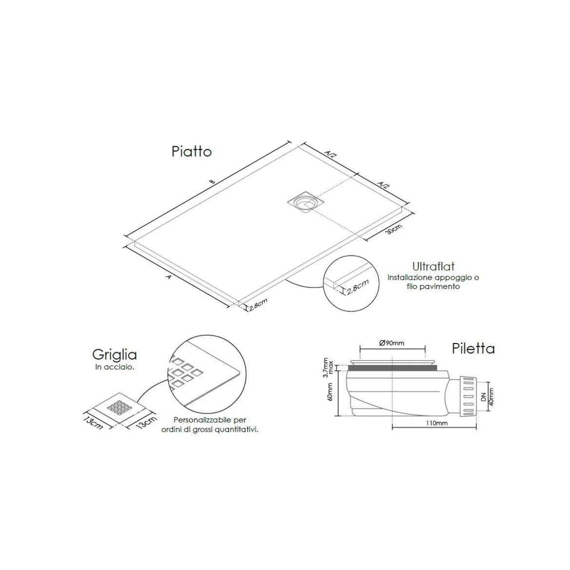 Piatto Doccia Grigio Rettangolare Effetto Pietra 70 80 90 100 120 140 Slim Flat