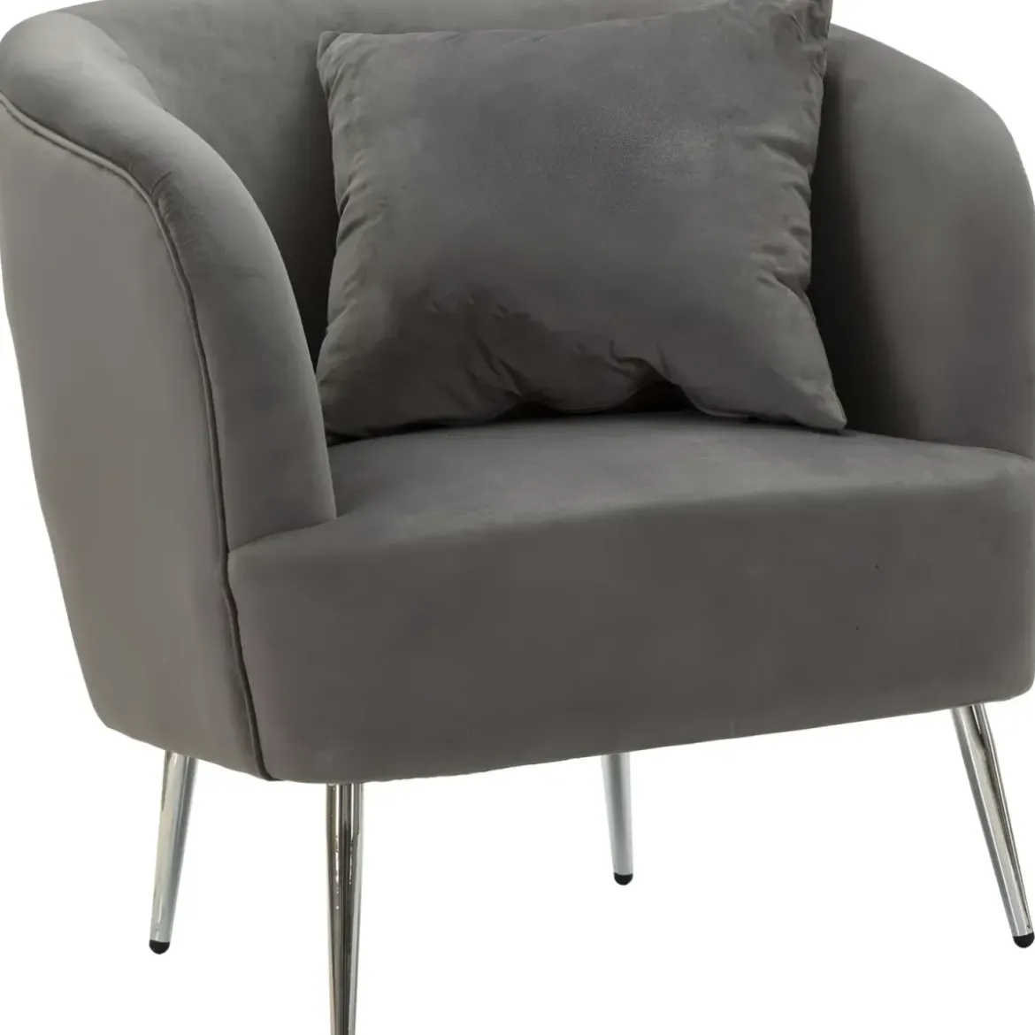 Poltrona Imbottita in Velluto Grigio con Cuscino Gambe in Metallo