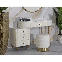 Pouf Imbottito Similpelle Trapuntata Bianco Oro Salotto Camera da Letto