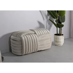 Pouf Panca Velluto Crema Rettangolare Elegante Salotto Camera da Letto