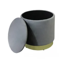 Pouf Poggiapiedi Rotondo da Salotto in Velluto Grigio base oro