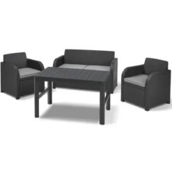 Salottino da Esterno 4 Posti in Resina con Tavolo Regolabile e Cuscini