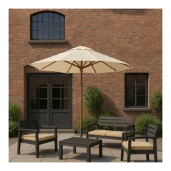 Salottino 4 Pezzi Antracite Resina Effetto Legno con Cuscini Crema