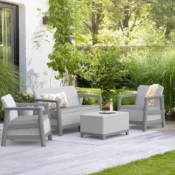 Salotto da Giardino Divano Poltrone Tavolo Contenitore Grigio Cuscini