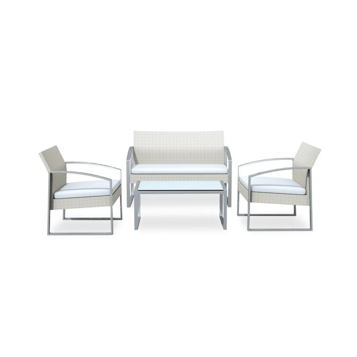 Salotto Esterno Set Beige Polyrattan Divano 2 Poltrone Tavolino Basso Giardino
