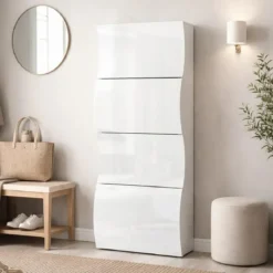 Scarpiera in Legno con 4 Ante a Ribalta Bianco Lucido Mobile Portascarpe