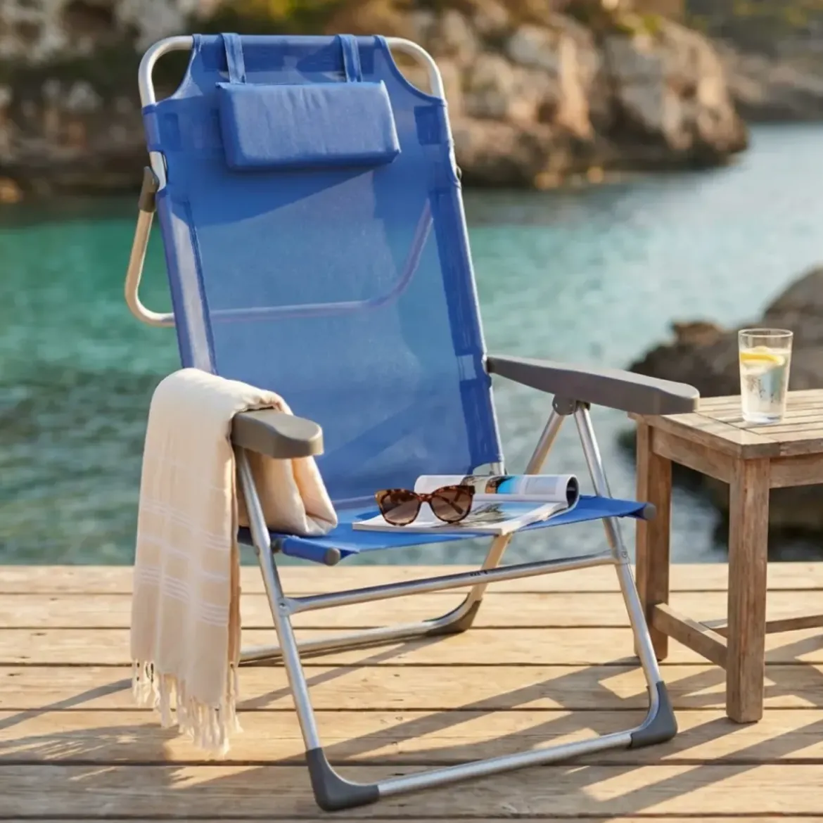 Sdraio Pieghevole Alta con Cuscino Textilene Azzurro Spiaggia Giardino