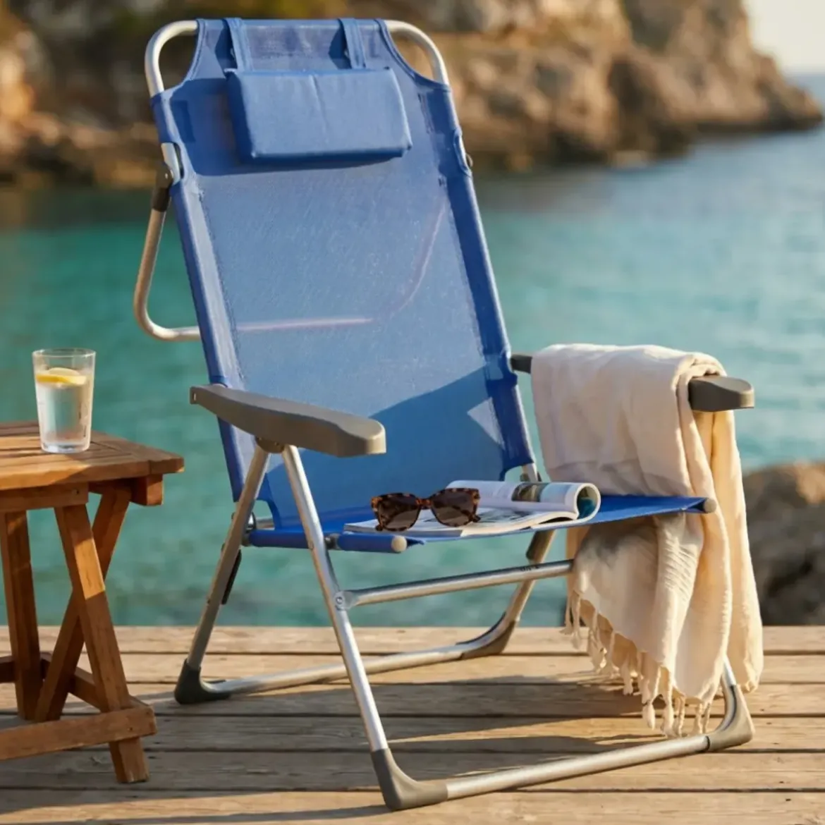 Sdraio Pieghevole Alta con Cuscino Textilene Azzurro Spiaggia Giardino