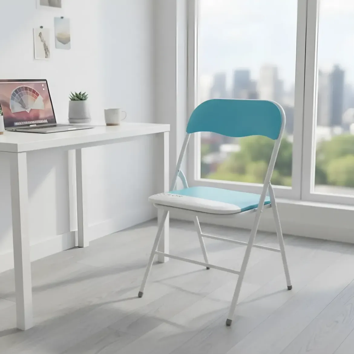 Sedia Pieghevole in Acciaio Bianco Seduta Imbottita Blu da Interno