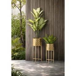 Set 2 Colonne Portavaso da Pavimento Metallo Oro Cestelli Removibili