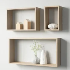 Set di 3 Mensole Rettangolari a Muro Scaffali da Parete Muro Rovere