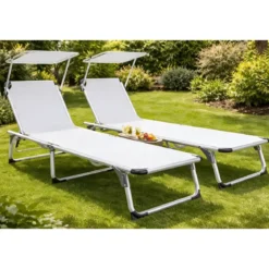 Set 2 Lettini Prendisole da Giardino Mare Pieghevoli Alluminio Bianco
