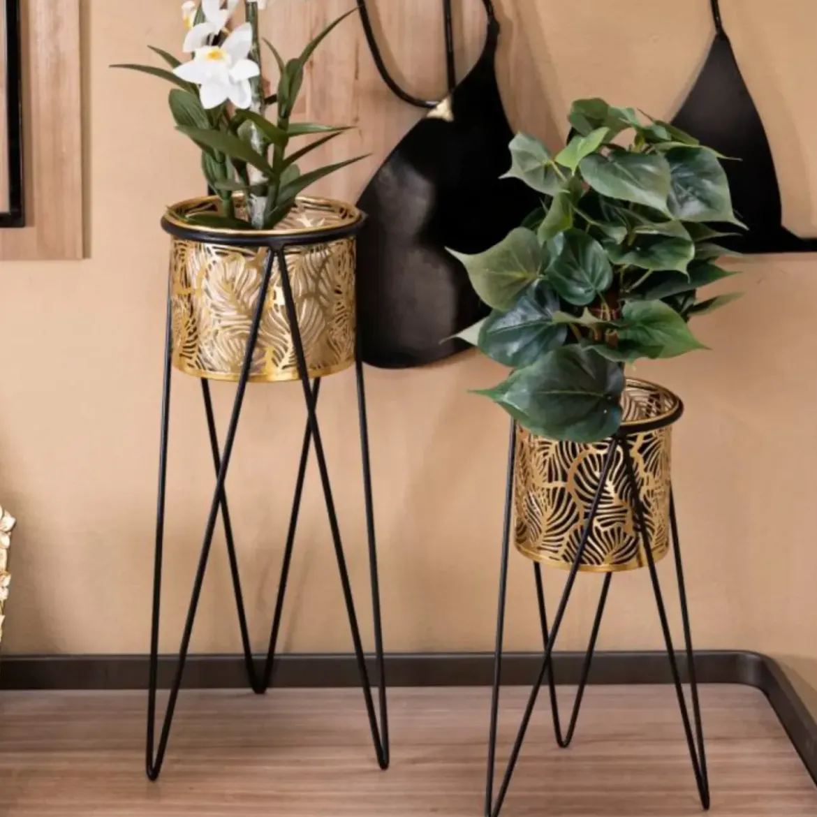 Set 2 Portavasi Metallo Nero Oro a Foglia 46 e 32 cm Vasi Rimovibili