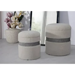 Set 2 Pouf Contenitori Imbottiti Crema Soffice Salotto Camera da Letto