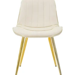 Set 2 Sedie da Pranzo Imbottite Tessuto Crema Finiture Oro Metallo