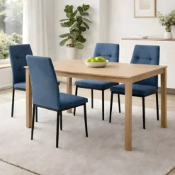 Set 4 Sedie da Pranzo in Tessuto Blu Gambe in Metallo
