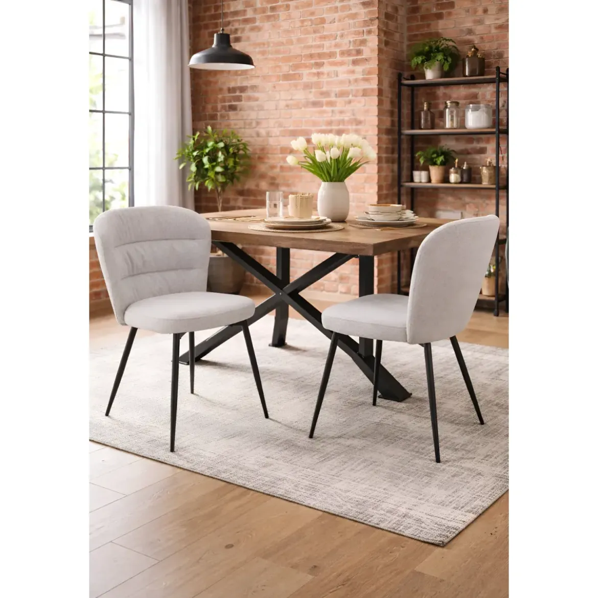 Set 2 Sedie da Pranzo in Tessuto Grigio Metallo Nero Seduta Imbottita
