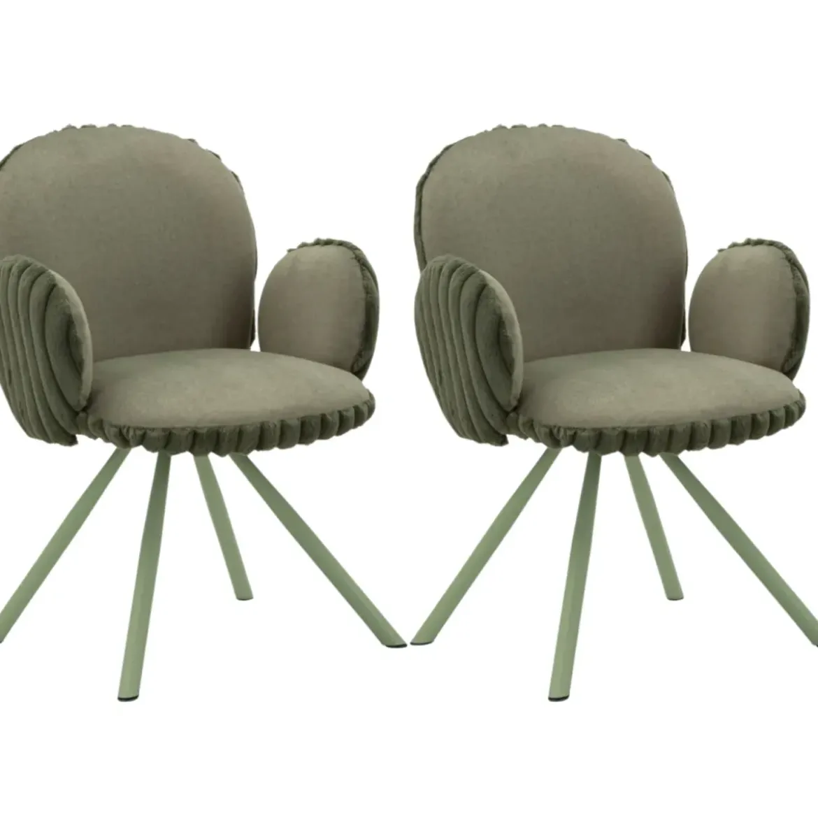 Set 2 Sedie da Pranzo Seduta Imbottita in Tessuto Verde con Braccioli