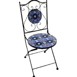 Set Tavolo Ø 60 cm 2 Sedie Pieghevoli Ceramica da Esterno Azzurro Blu
