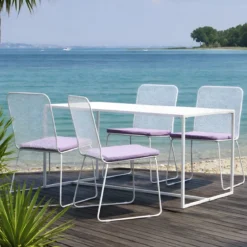 Set Tavolo 140x80 4 Sedie da Giardino Metallo Bianco con Cuscini Lilla