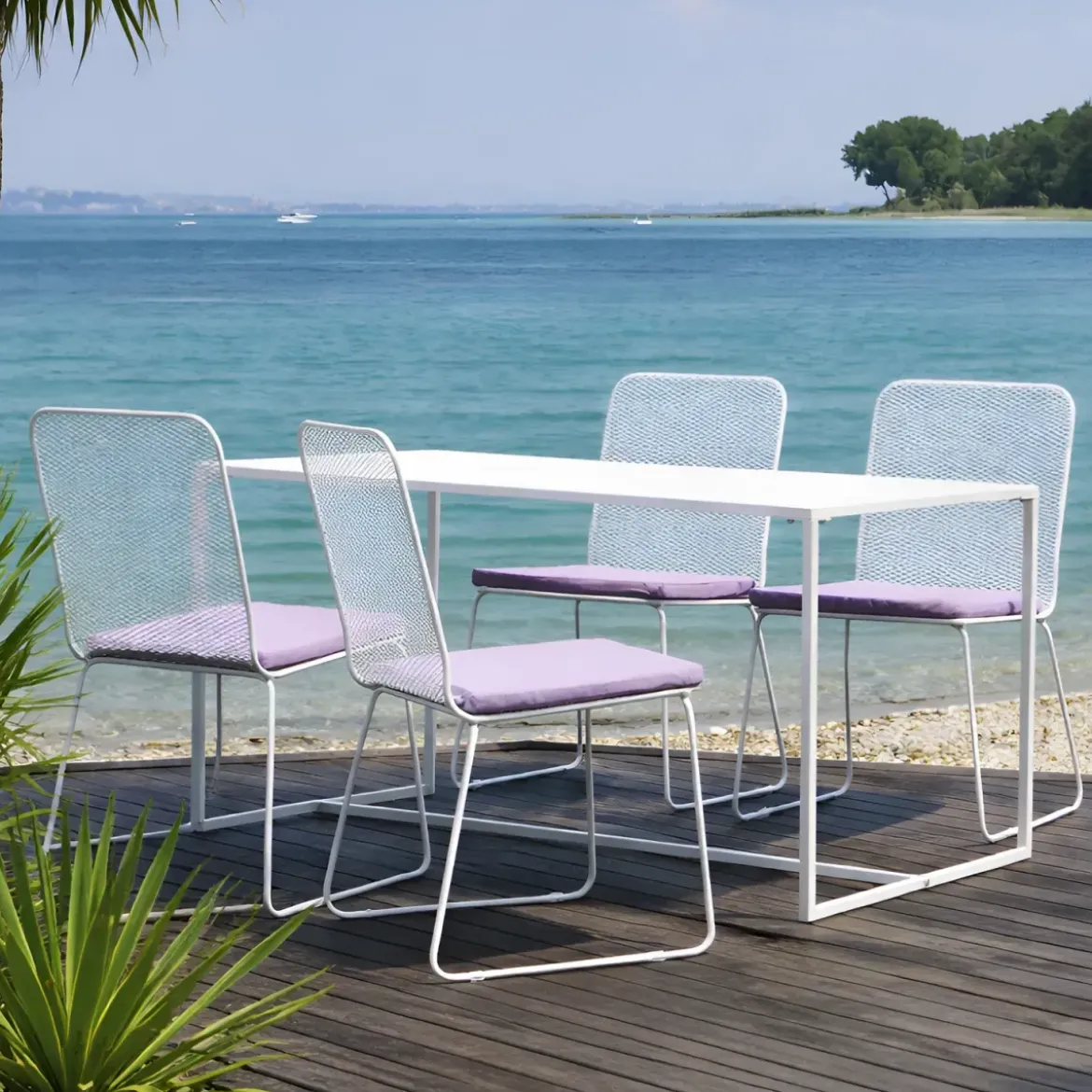 Set Tavolo 140x80 4 Sedie da Giardino Metallo Bianco con Cuscini Lilla