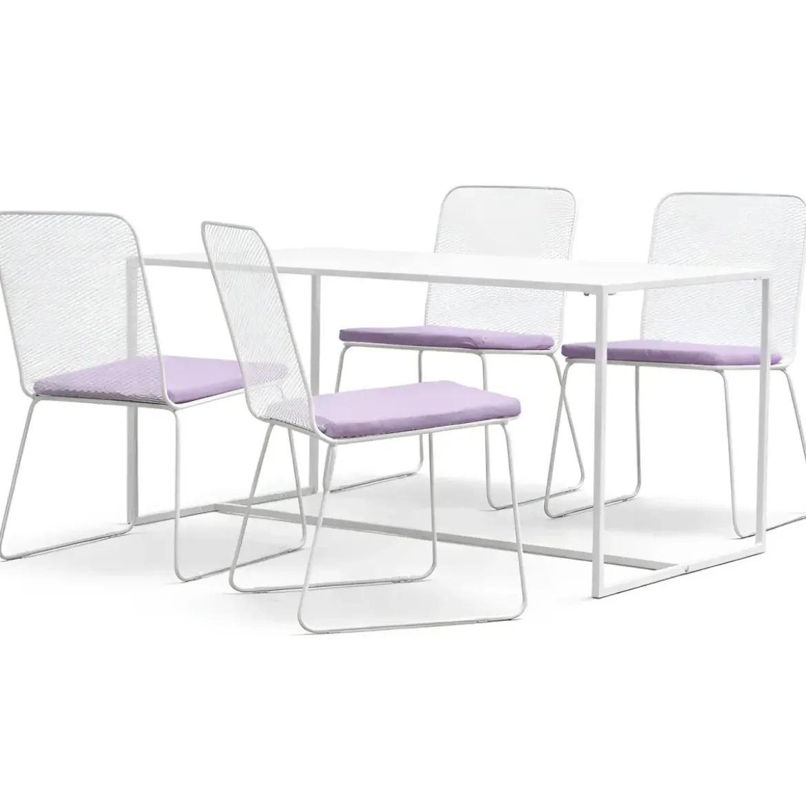 Set Tavolo 140x80 4 Sedie da Giardino Metallo Bianco con Cuscini Lilla