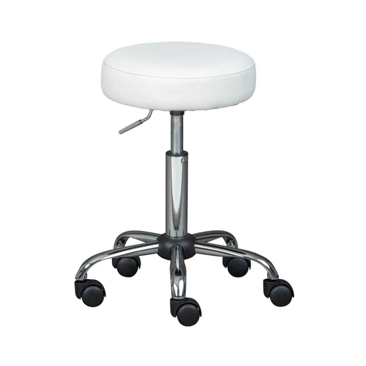 Sgabello Basso con Ruote a Rotelle Bianco Ecopelle in Metallo Imbottito Cucina
