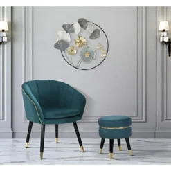 Sgabello Basso in Velluto Ottanio Finiture Oro Pouf Salotto Camera