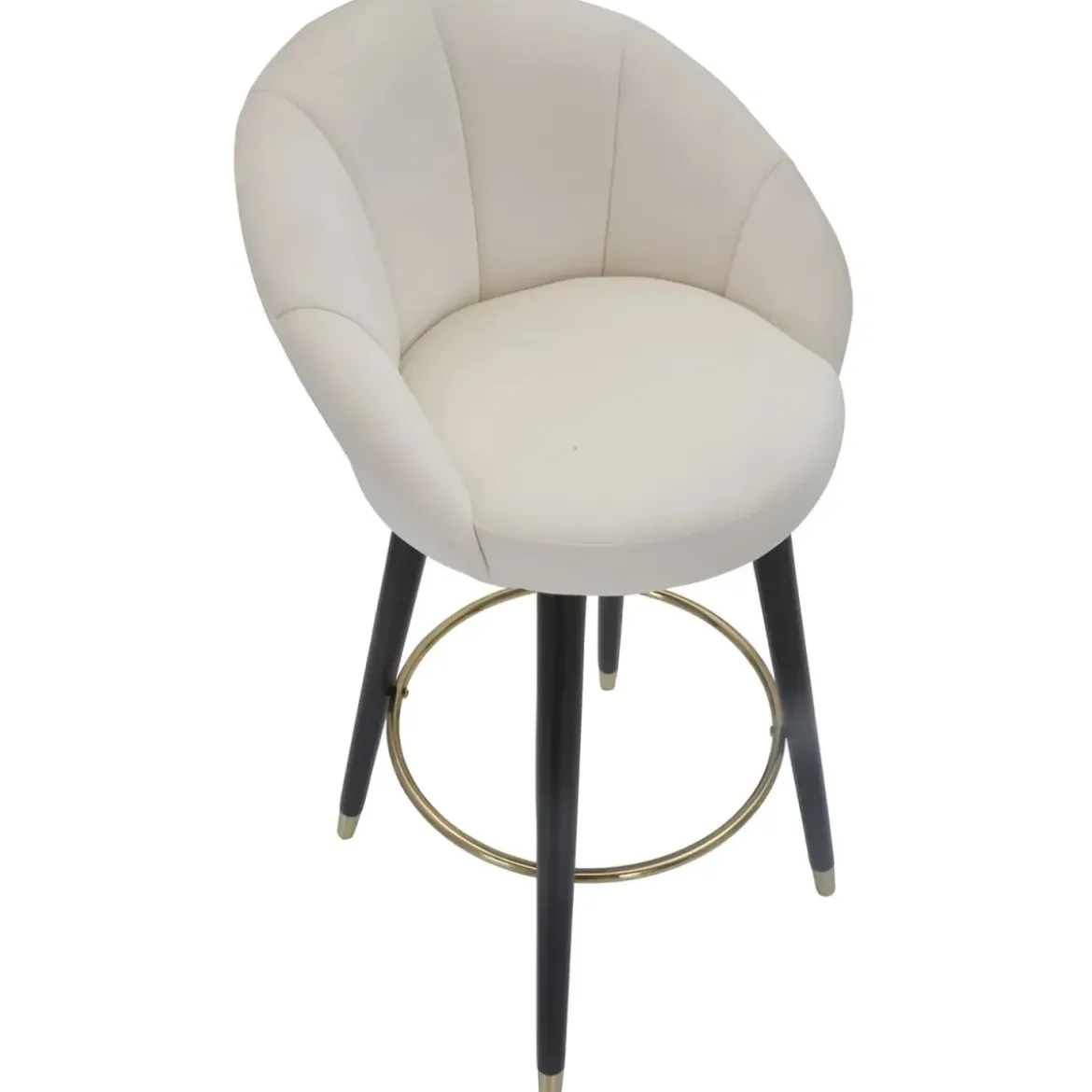 Sgabello da Bar Seduta in Velluto Crema con Gambe in Legno Nero Oro