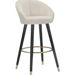Sgabello da Bar Seduta in Velluto Crema con Gambe in Legno Nero Oro