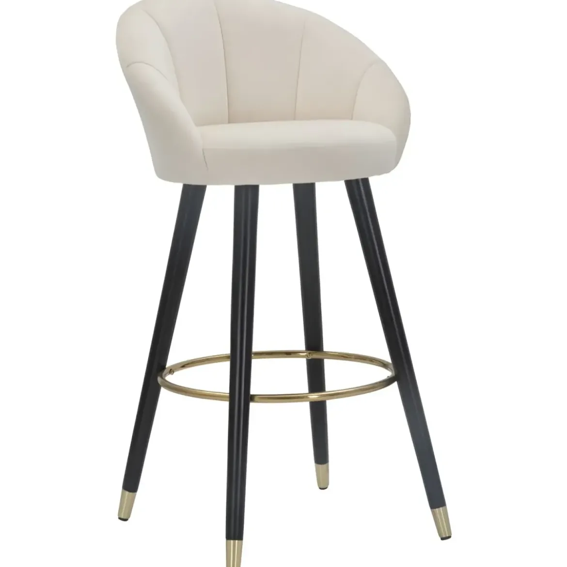 Sgabello da Bar Seduta in Velluto Crema con Gambe in Legno Nero Oro