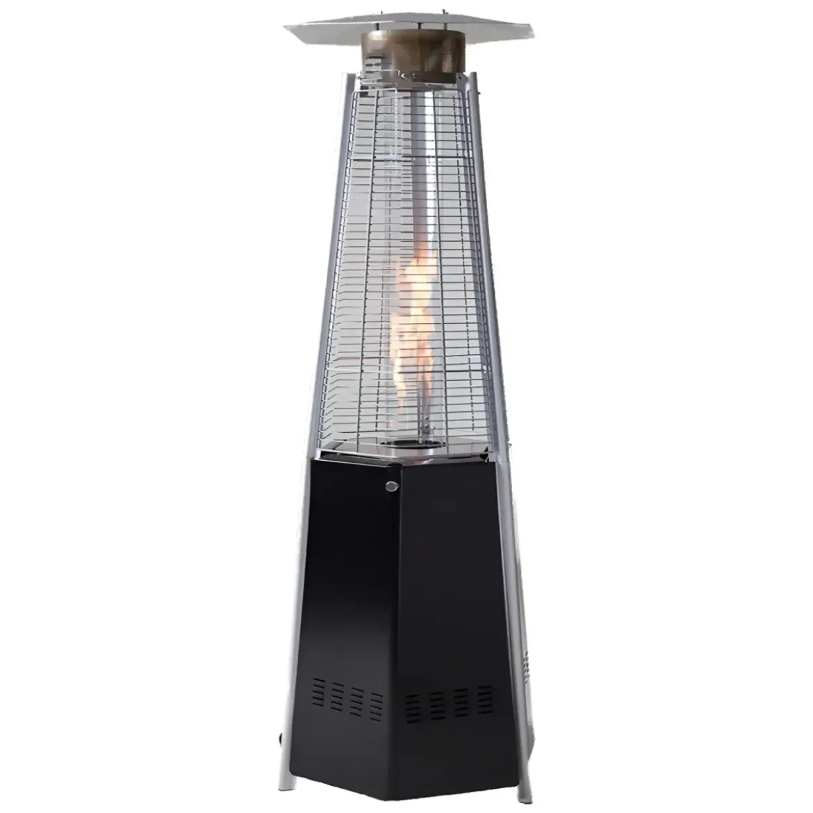 Stufa Piramide a Gas da Esterno 12,5kW Nero con Ruote Fiamma Visibile