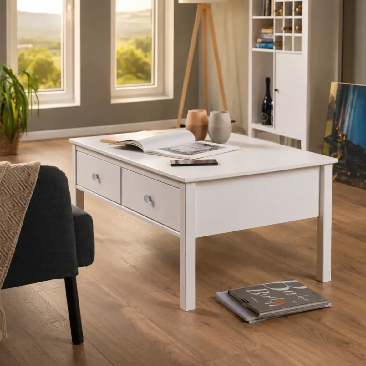 Tavolino da Caffè Rettangolare 110x70 da Salotto Legno Bianco Cassetto