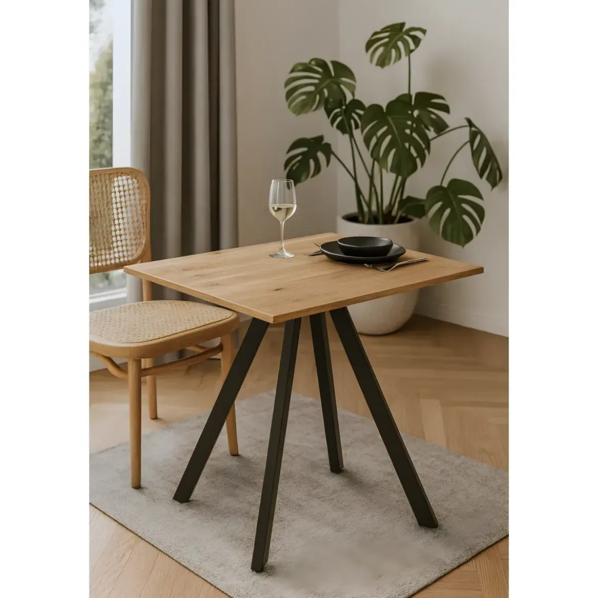 Tavolo da Pranzo Piano in Rovere Rettangolare 90x70 cm Struttura Nera