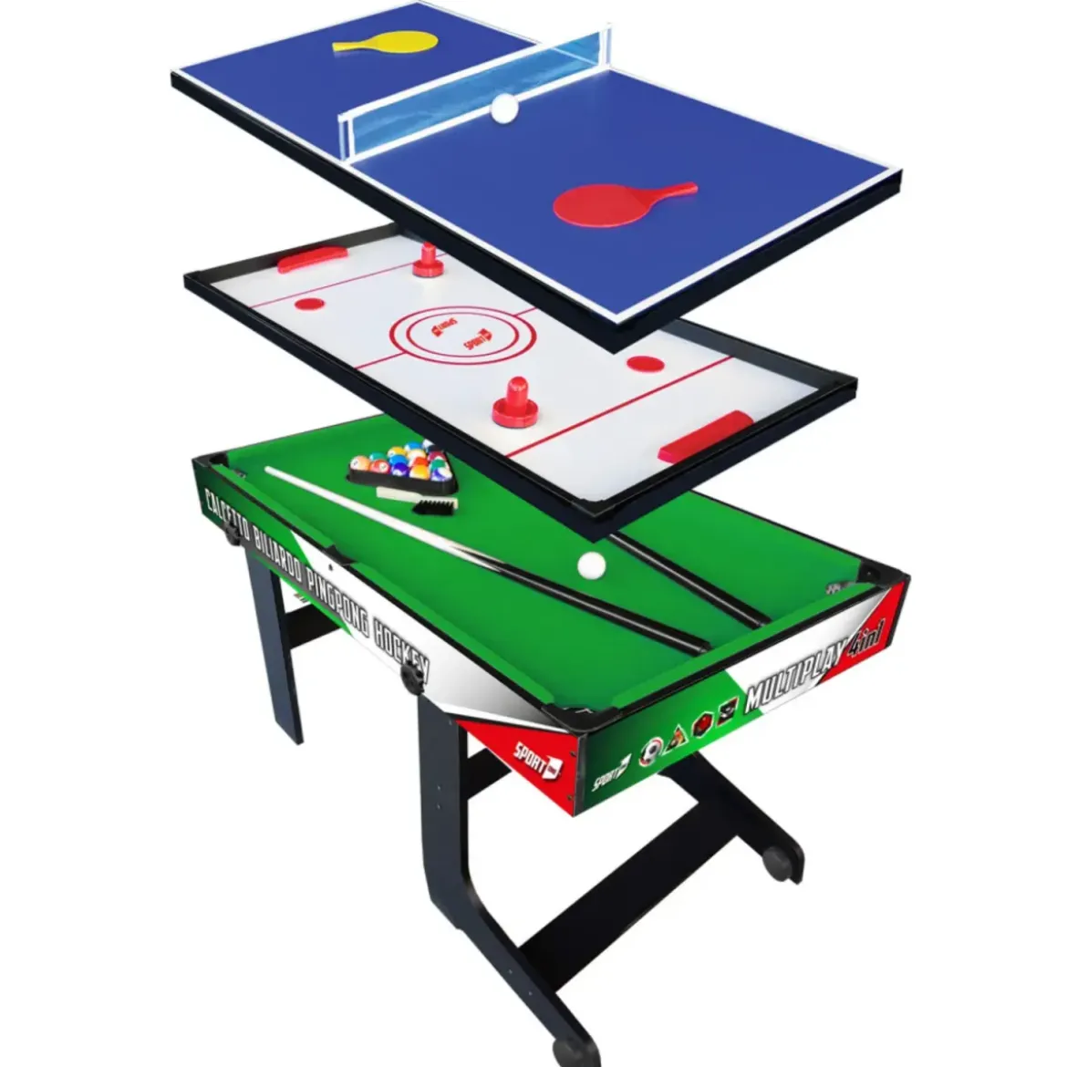 Tavolo Multigioco 4 in 1 Pieghevole Calcetto Ping Pong Hockey Biliardo