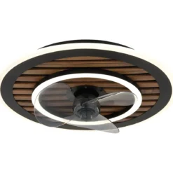 Ventilatore da Soffitto Luce LED 36W Moderno Anello Nero Effetto Legno