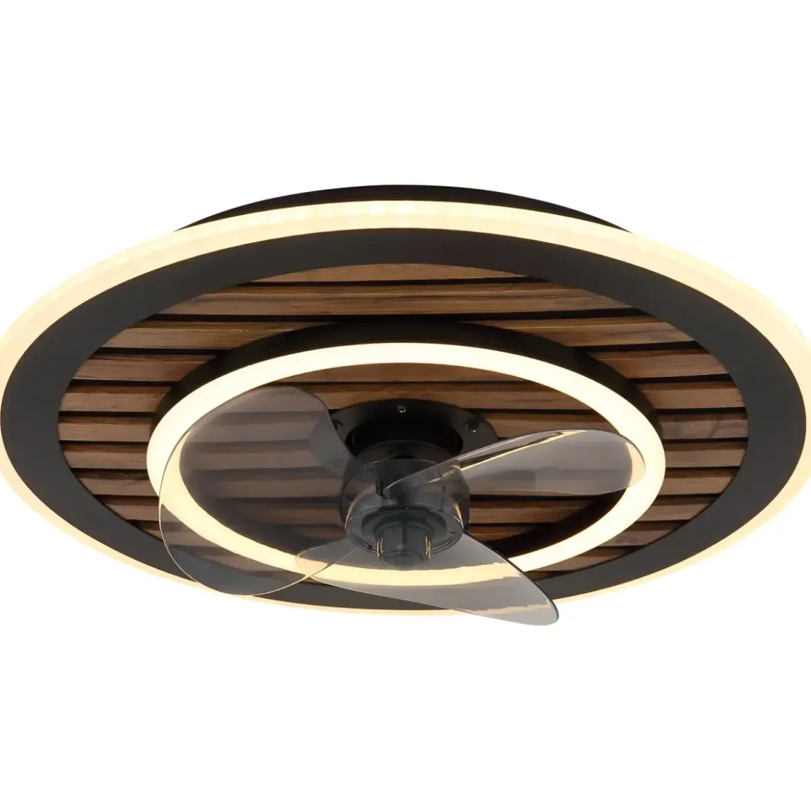Ventilatore da Soffitto Luce LED 36W Moderno Anello Nero Effetto Legno