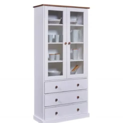 Vetrina con 3 Cassetti e 2 Ante Credenza Bianca da Cucina in Legno
