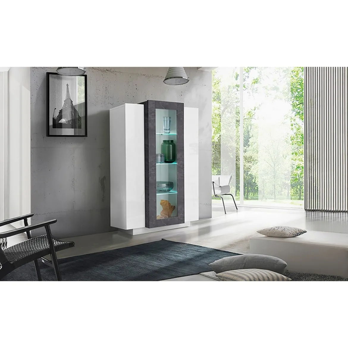 Vetrina Mobile da Ingresso con 3 Ante Design Moderno Bianco e Grigio